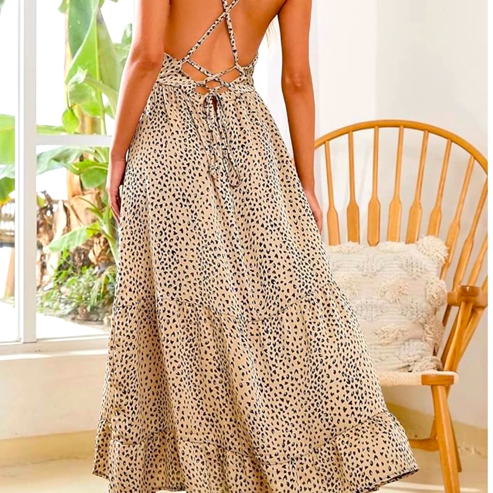 CUPSHE Women V Neck Leopard Lace Up Backless Maxi Slip Dress with Ruffle Hem - Picture 4 of 8
